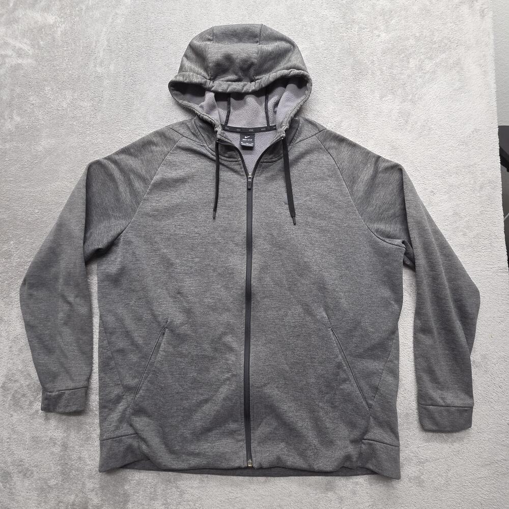 Nike Hoodie Mens 2XL Gray Full Zip Hooded Lined Dri-FIT Fleece Gym Pockets